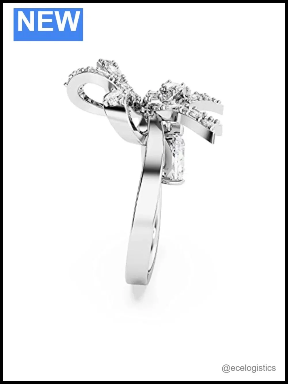 Cocktail Ring Bow Small Rhodium Finish Clear Crystal Size 5